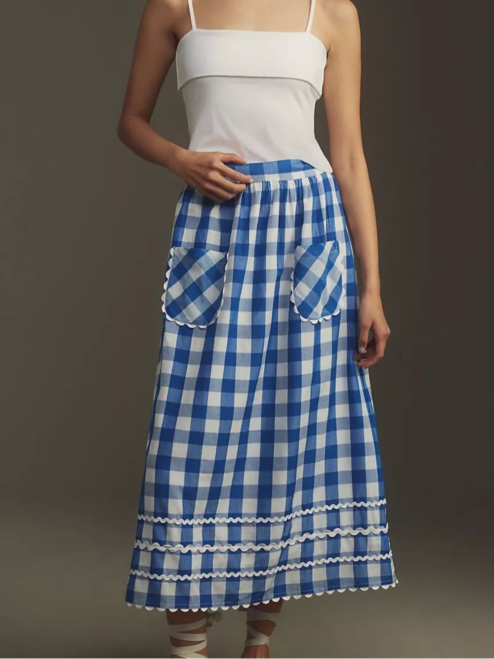 Anthropologie Pink City Prints Rickrack Gingham Midi Skirt Blue White S